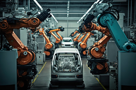 High-tech robot effortlessly assembling a car in a futuristic factory setting. Generative AIの素材