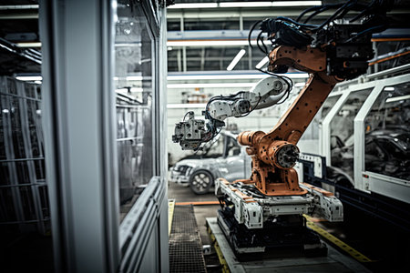High-tech robot effortlessly assembling a car in a futuristic factory setting. Generative AIの素材