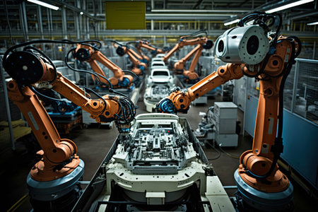 High-tech robot effortlessly assembling a car in a futuristic factory setting. Generative AIの素材
