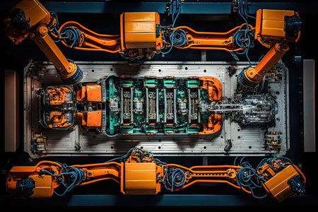 High-tech robot effortlessly assembling a car in a futuristic factory setting. Generative AIの素材