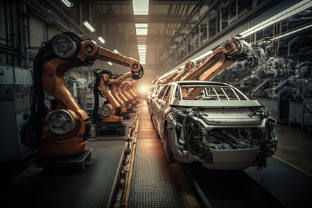 High-tech robot effortlessly assembling a car in a futuristic factory setting. Generative AIの素材