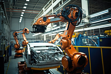 High-tech robot effortlessly assembling a car in a futuristic factory setting. Generative AIの素材