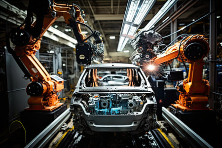 High-tech robot effortlessly assembling a car in a futuristic factory setting. Generative AIの素材