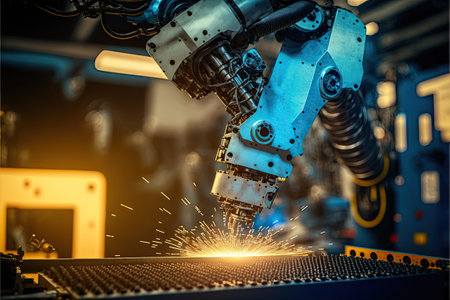 Hand of robot working steel welding building electronic machine in factory.Generative AIの素材