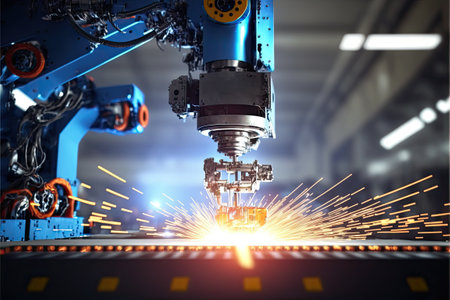 Hand of robot working steel welding building electronic machine in factory.Generative AIの素材