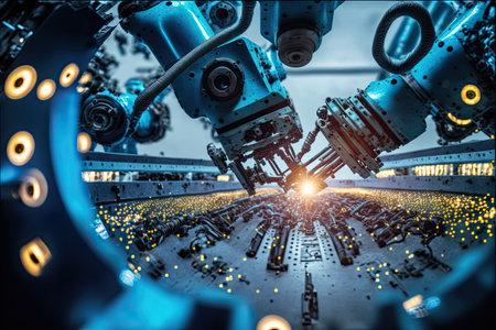 Hand of robot working steel welding building electronic machine in factory.Generative AIの素材
