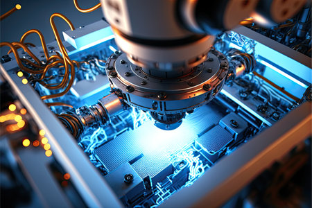 Hand of robot working steel welding building electronic machine in factory.Generative AIの素材