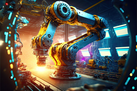 Hand of robot working steel welding building electronic machine in factory.Generative AIの素材