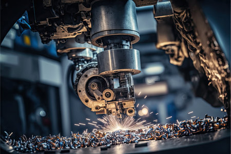 Hand of robot working steel welding building electronic machine in factory.Generative AIの素材