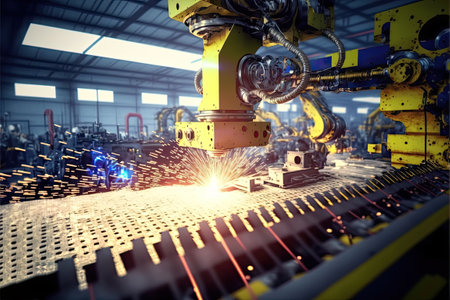 Hand of robot working steel welding building electronic machine in factory.Generative AIの素材