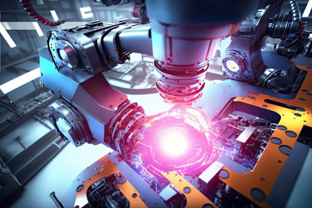 Hand of robot working steel welding building electronic machine in factory.Generative AIの素材