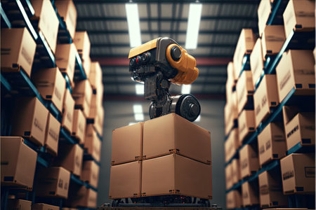 Robot or cybrog working in warehouse. Future Innovation. Generative AIの素材