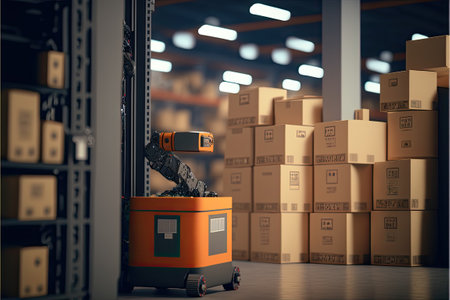 Robot or cybrog working in warehouse. Future Innovation. Generative AIの素材