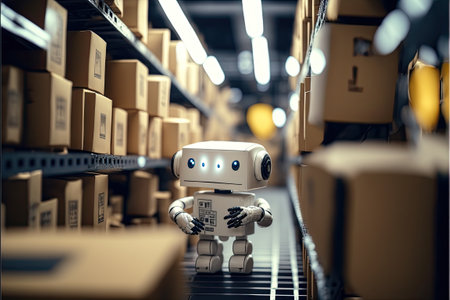 Robot or cybrog working in warehouse. Future Innovation. Generative AIの素材