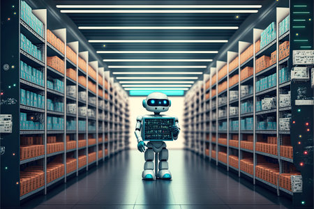 Robot or cybrog working in warehouse. Future Innovation. Generative AIの素材