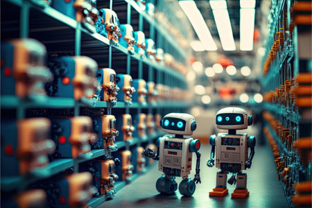 Robot or cybrog working in warehouse. Future Innovation. Generative AIの素材