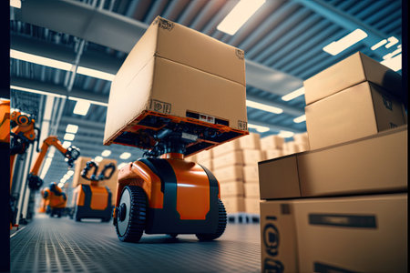 Robot or cybrog working in warehouse. Future Innovation. Generative AIの素材