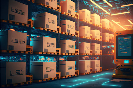 Robot or cybrog working in warehouse. Future Innovation. Generative AIの素材