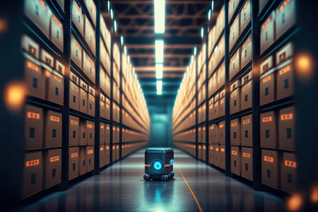 Robot or cybrog working in warehouse. Future Innovation. Generative AIの素材