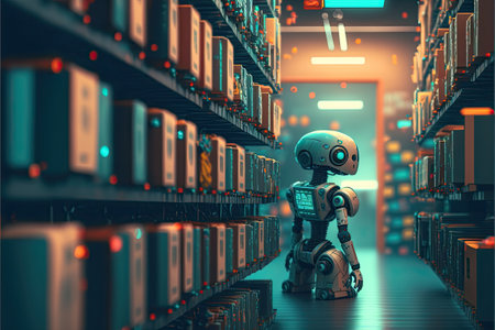 Robot or cybrog working in warehouse. Future Innovation. Generative AIの素材