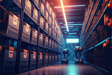 Robot or cybrog working in warehouse. Future Innovation. Generative AIの素材
