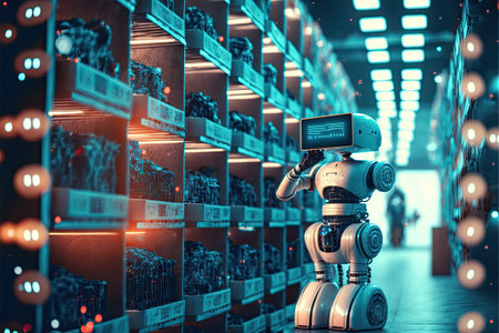 Robot or cybrog working in warehouse. Future Innovation. Generative AIの素材