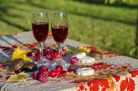 Picnic with wine, fruits and sweetsの写真素材