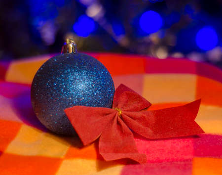 Blue bauble and bow. New year. Christmas timeの写真素材