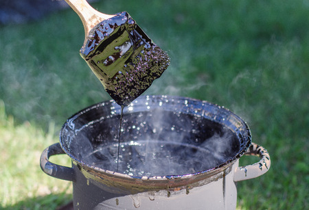 Thus the boat does not leak. The bitumen need to be warmed up on a fire in an iron pot and hot...