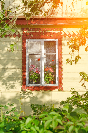 Facade window with flowers.の写真素材