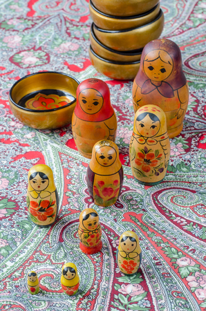 Russian nesting dolls on the traditional handkerchief. Vintageの写真素材