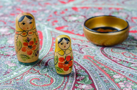 Russian nesting dolls on the traditional handkerchief. Vintageの写真素材