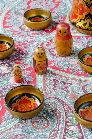 Russian nesting dolls on the traditional handkerchief. Vintageの写真素材