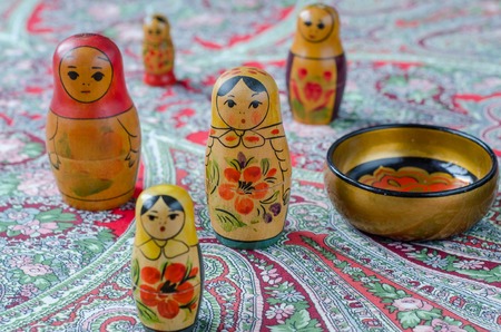 Russian nesting dolls on the traditional handkerchief. Vintageの写真素材
