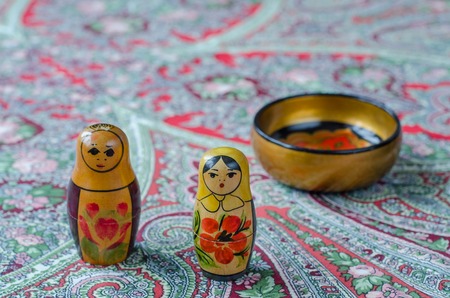 Russian nesting dolls on the traditional handkerchief. Vintageの写真素材