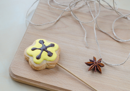 Sweet oatmeal cookies on wooden board. Closeupの写真素材