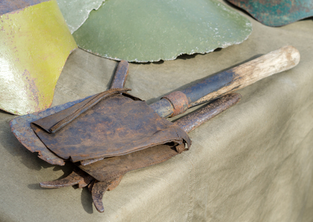 Sapper shovel covered with rust, World War II, found on the locations of past battlesの写真素材