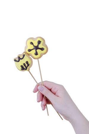 Woman's hands holding a Valentine cookies isolated on white background.の写真素材