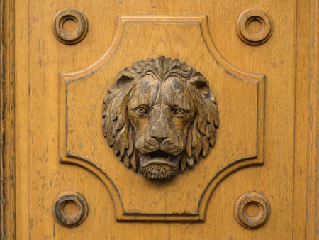 Lion wooden relief, part of an old door.の写真素材