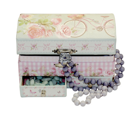Wooden box with fashion beads on white backgroundの写真素材