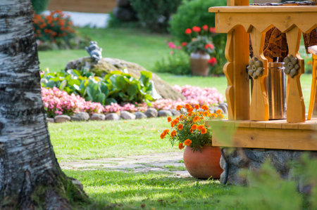 An outside basket vase with orange pink flowers.の写真素材