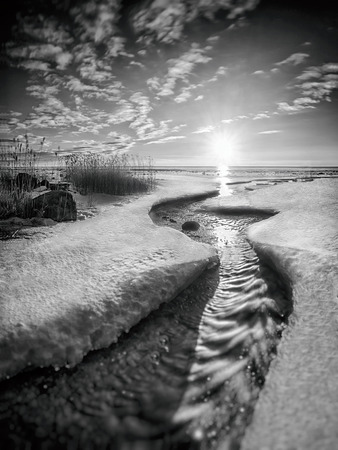 black and white picture of Chudskoy Lake. Estoniaの写真素材