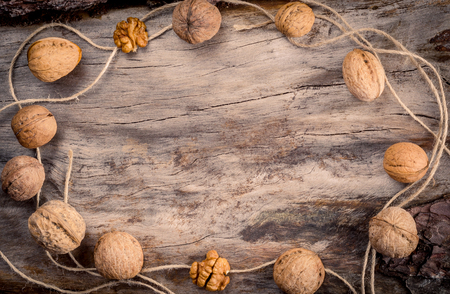 Walnuts kernels on wooden logの写真素材