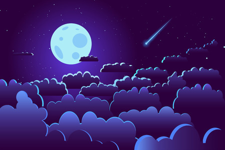 Starry night sky with moon and clouds illustration vector. Full moon above the clouds among stars with shooting starのイラスト素材
