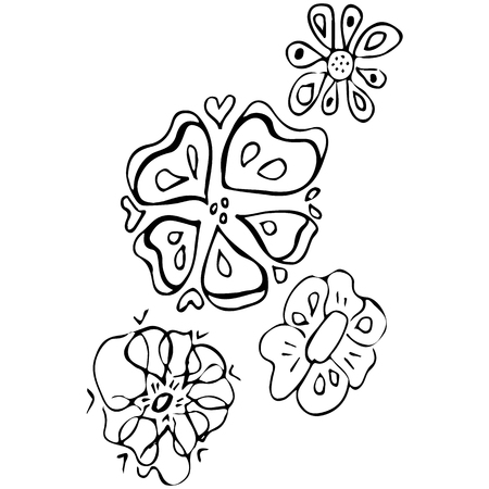 Engraved Vector Hand Drawn Illustrations Set Of Four Abstract Rose Flower Isolated on White. Hand Drawn Sketch of a Flower.のイラスト素材