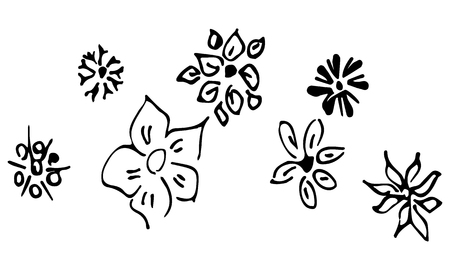 Engraved Vector Hand Drawn Illustrations Set Of Seven Abstract Flowers Isolated on White. Hand Drawn Sketch of a Flower.のイラスト素材
