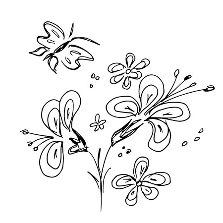 Engraved Vector Hand Drawn Illustrations Set Of Abstract Flowers With Butterfly Isolated on White. Hand Drawn Sketch of a Flowers.のイラスト素材
