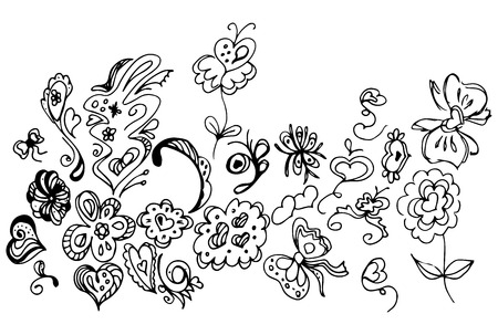 Hand Drawn Vector Illustrations Of Abstract Set of Flowers Isolated on White. Hand Drawn Sketch of a Flowers.のイラスト素材