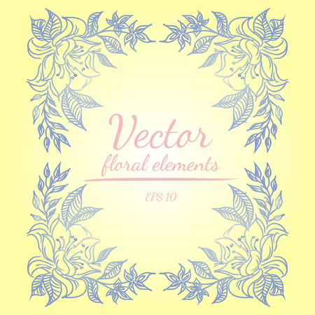 Wreath of green flowers branch on yellow color background. Floral design elements for invitations, greeting cards, posters, blogs. Hand drawn vector illustration. Vector floral elementsのイラスト素材