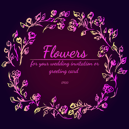 Wreath of roses or peonies flowers with violet, yellow and pink colors. Floral Frame design elements for your wedding invitation and greeting card. Hand drawn vector illustration. Line art. Sketchのイラスト素材